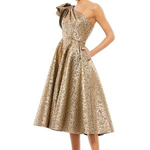 Mac Duggal Asymmetric Metallic Tea Length Dress